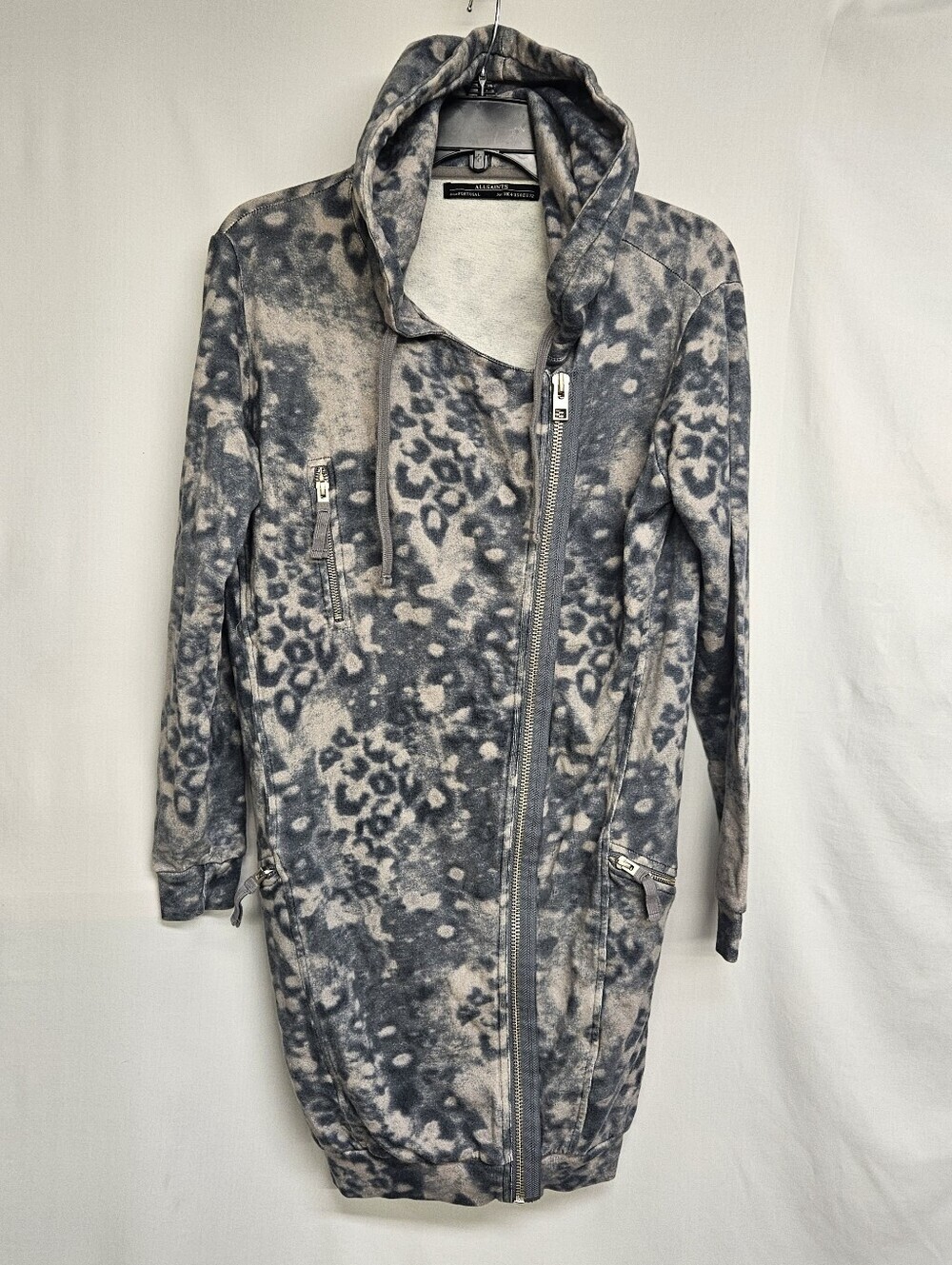 All Saints Longline Gray Animal Leopard Print Hoodie Size 0 Moto Style Zippers